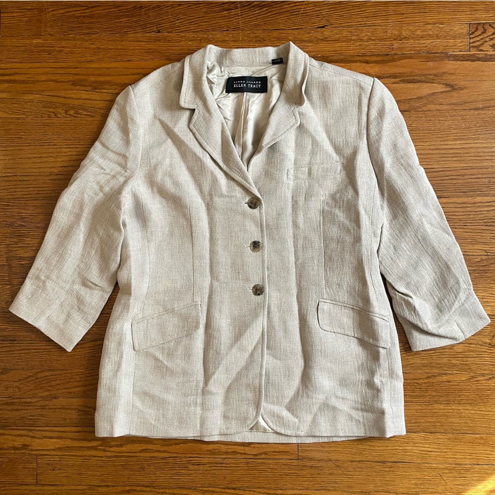 Linda Allard Ellen Tracy MInimalist Neutral Linen Blend Blazer Jacket